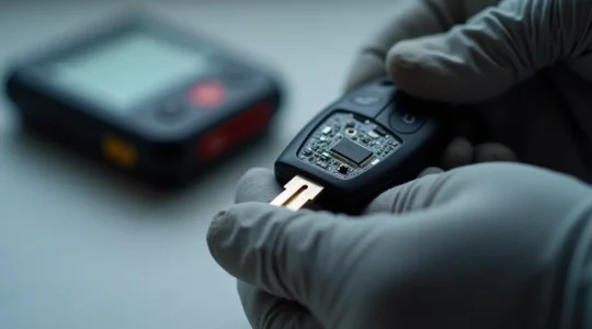 Gros plan d'une clé de voiture avec circuit électronique et transpondeur, mains de technicien effectuant un diagnostic