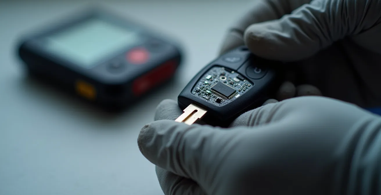 Gros plan d'une clé de voiture avec circuit électronique et transpondeur, mains de technicien effectuant un diagnostic