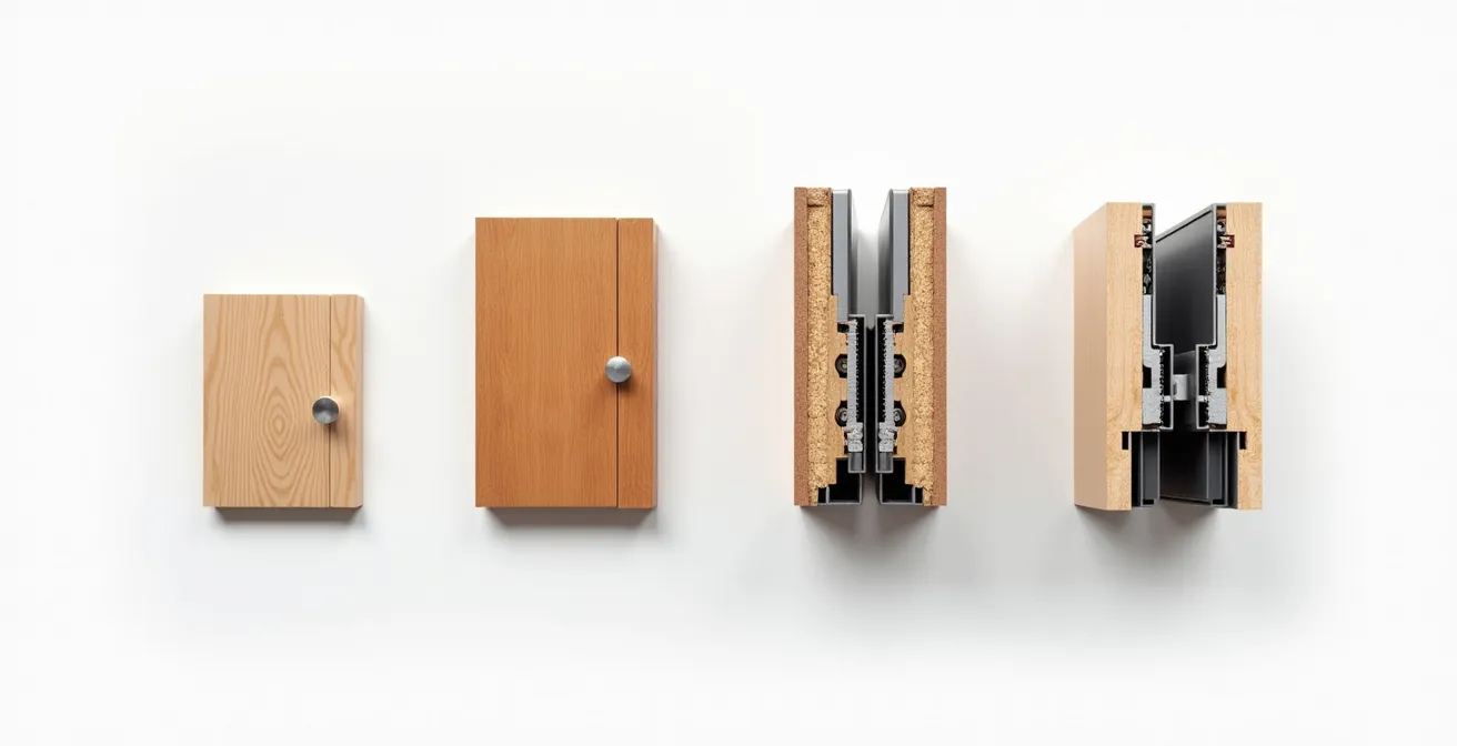 Comparaison visuelle de quatre scenarios : porte simple, porte avec multipoints, porte blindée, maison sécurisée