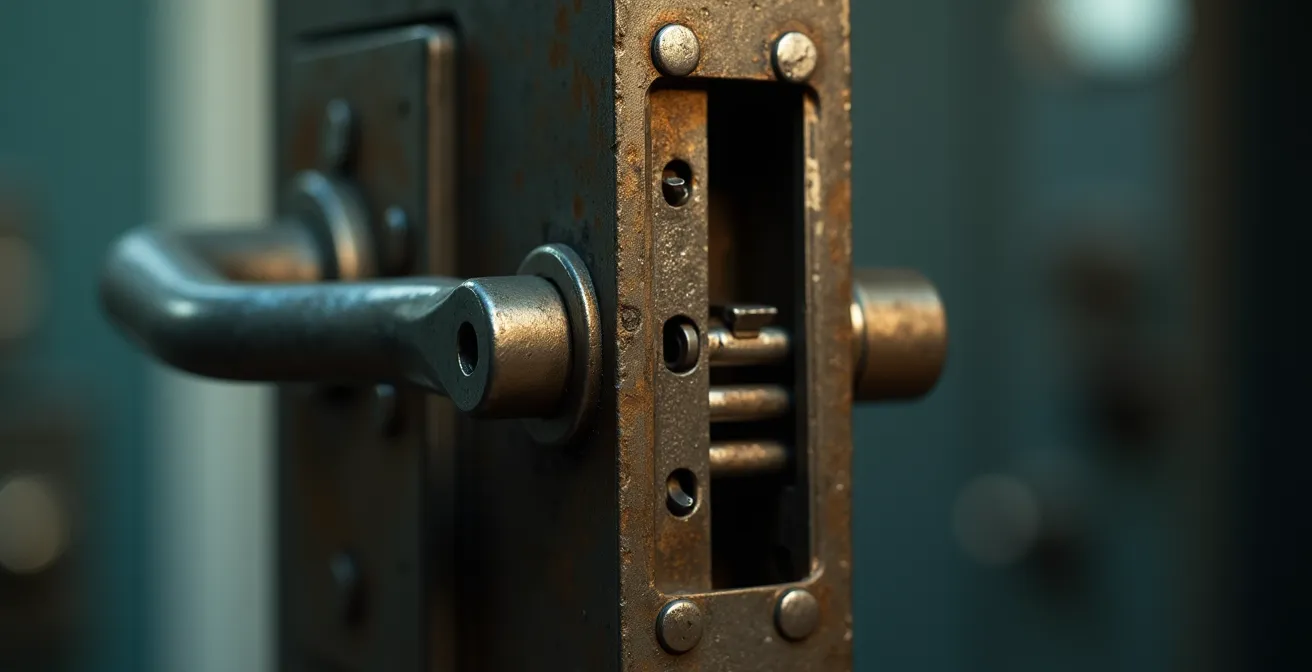 Vue macro des composants internes métalliques d'une poignée de porte sécurisée