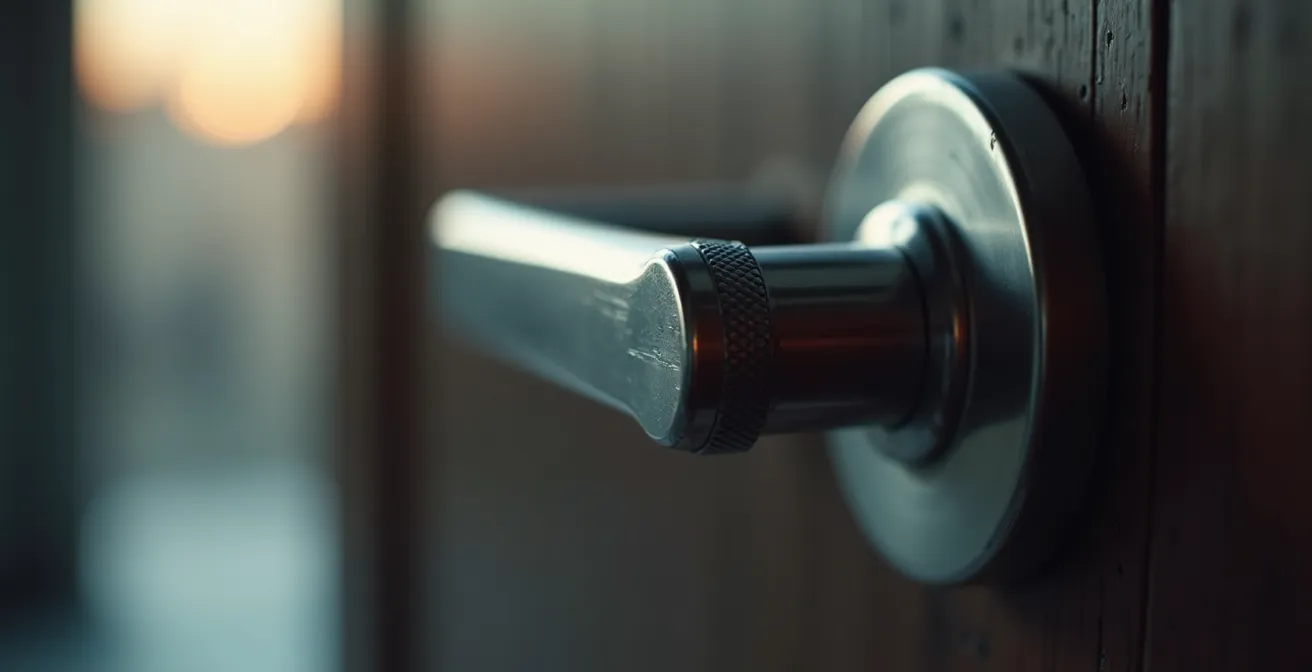 Gros plan sur une poignée métallique sécurisée avec subtil bokeh en arrière-plan