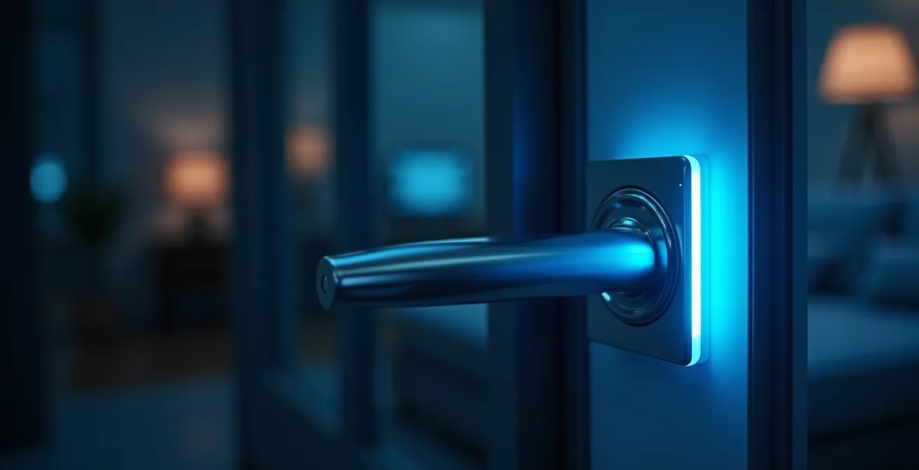 Poignée de porte intelligente avec lumière LED bleue dans un intérieur domestique moderne sombre