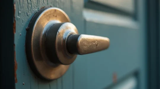 Vue en gros plan d'une poignée de porte d'entrée sécurisée en métal avec un éclairage cinématographique et un fond minimaliste flou