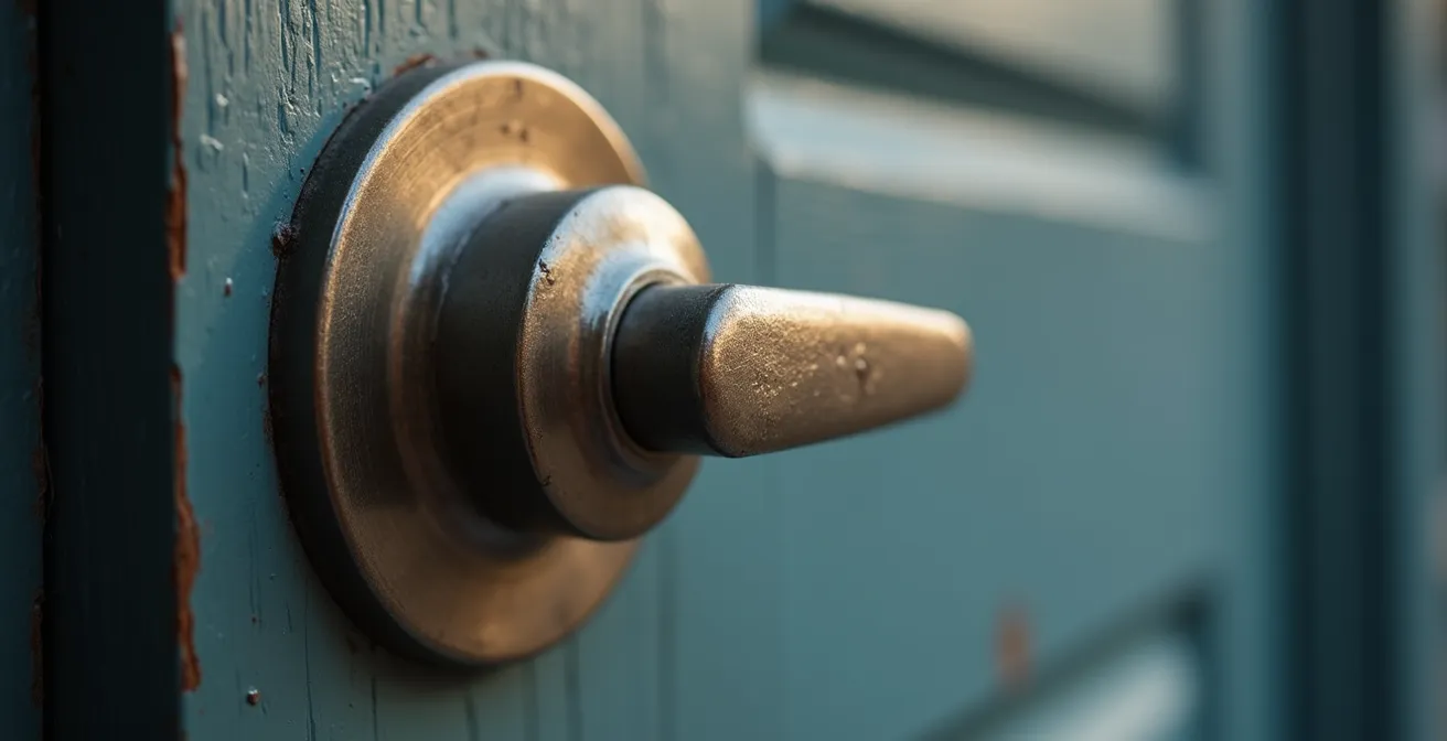 Vue en gros plan d'une poignée de porte d'entrée sécurisée en métal avec un éclairage cinématographique et un fond minimaliste flou