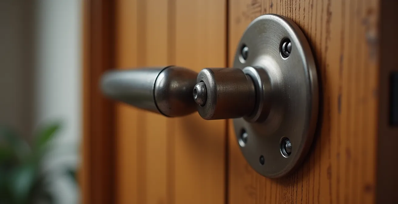 Détail d’une poignée de porte solidement fixée avec vis en acier sur porte en bois