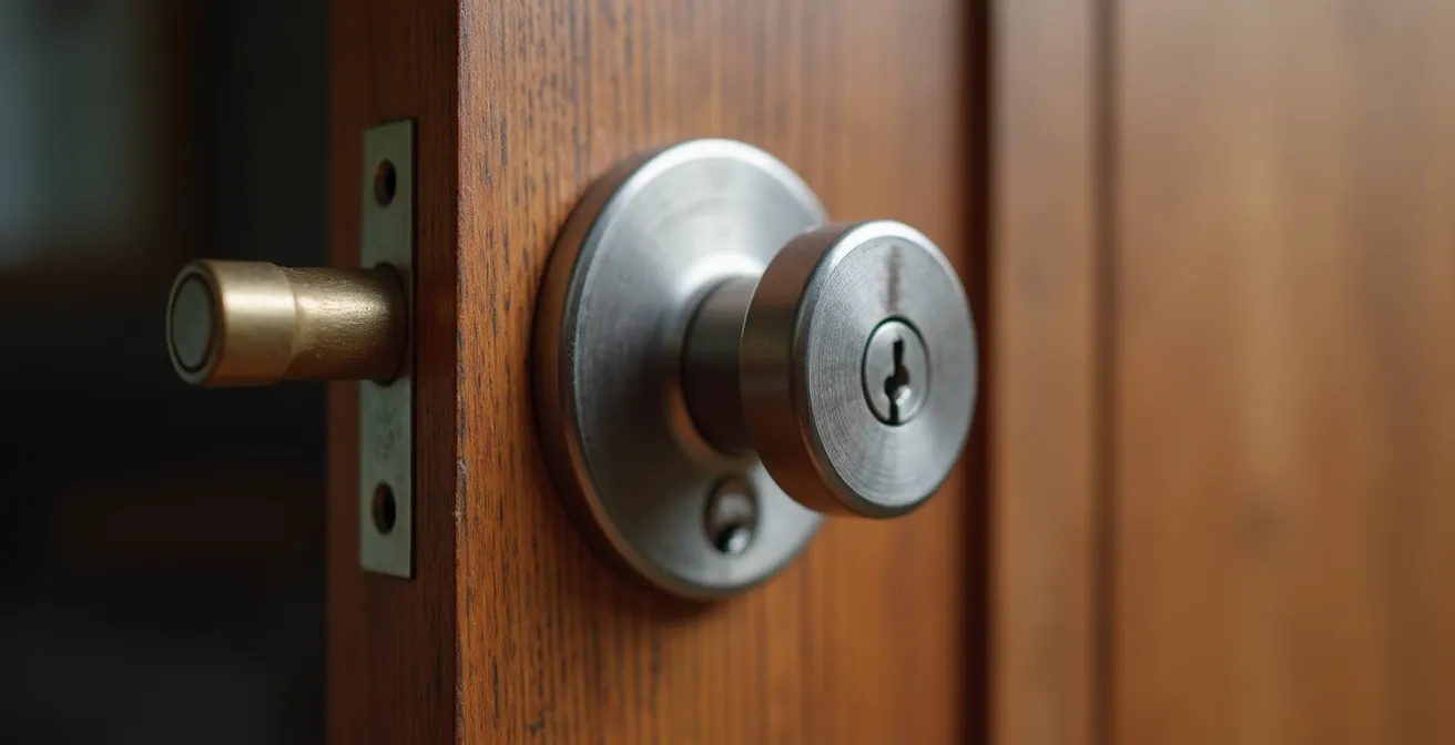 Vue rapprochée d'une serrure multipoints en applique avec tringles visibles et pênes de fermeture