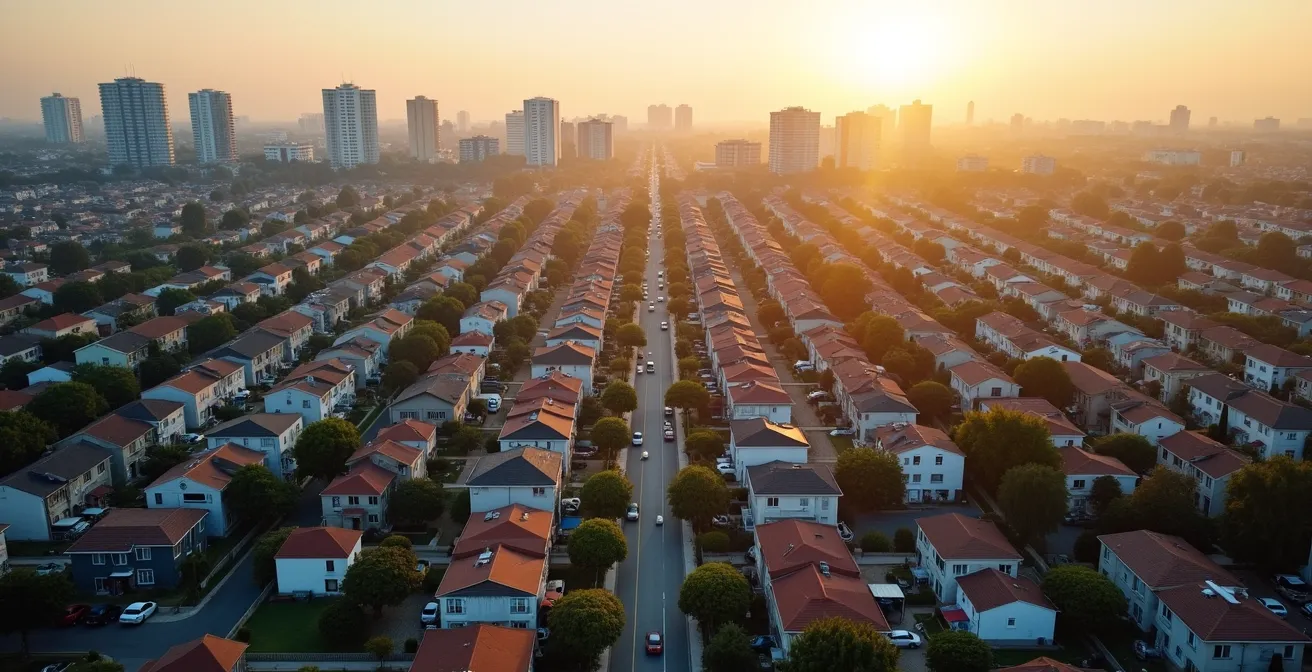 Vue aérienne d'un quartier avec zones de sécurité identifiées