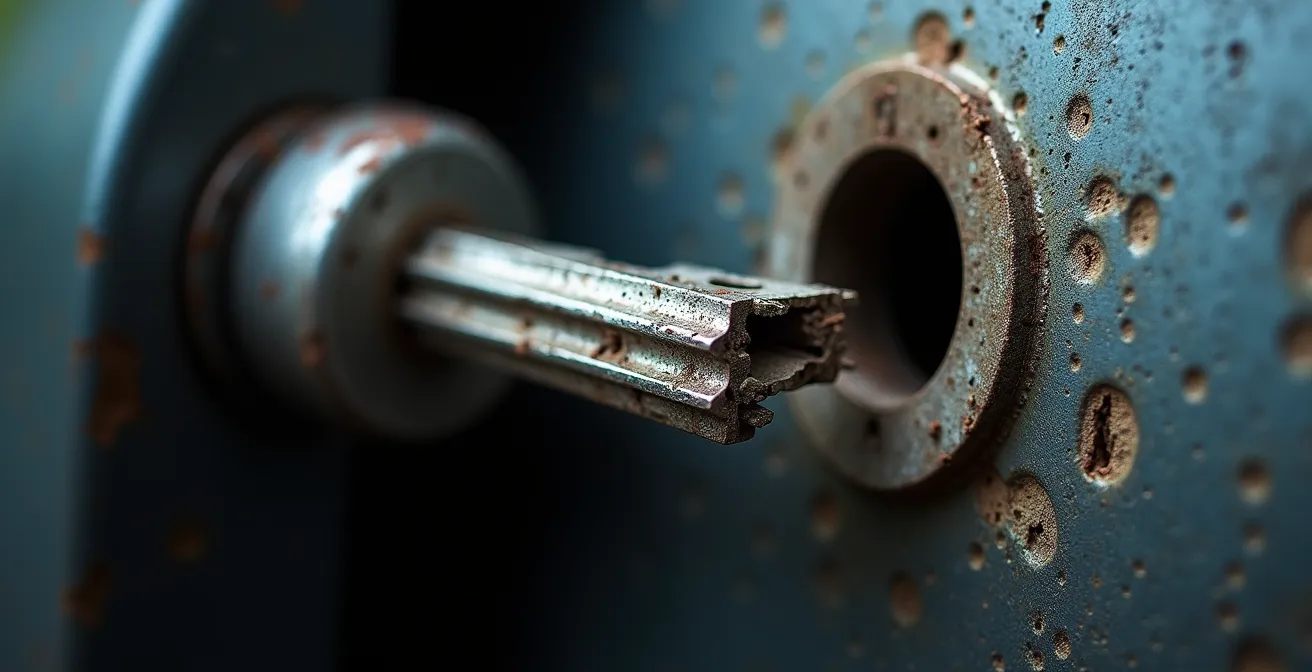 Clé cassée dans une serrure de portière de voiture en gros plan