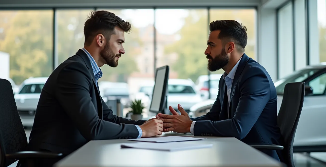 Échange professionnel entre client et conseiller en concession automobile